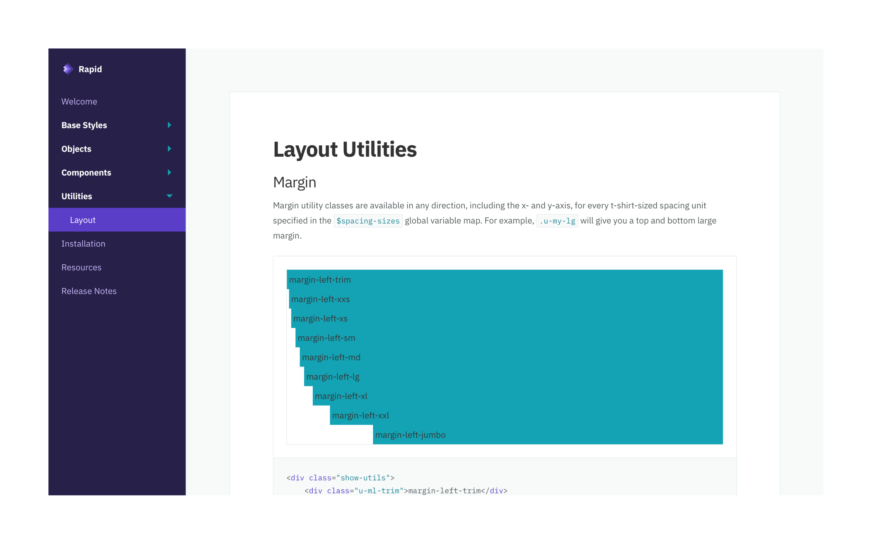 The layout utilities page of Rapid’s documentation website